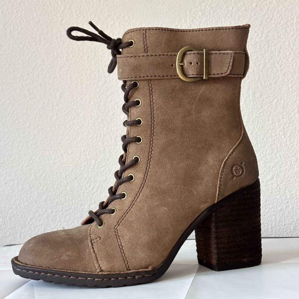 Born Taupe Suede Lace-Up Ankle Boots with Buckle